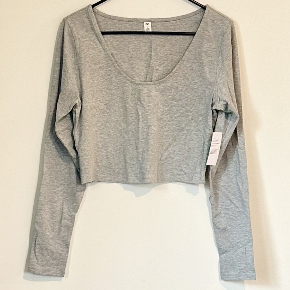 NWT BP by Nordstrom Gray Long Sleeve Scoop Neck Crop Top - Size: Large